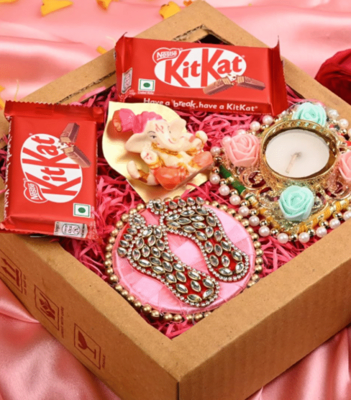 Diwali gift hamper/diwali corporate gift/diwali gift for employees-2pcs of Kitkat chococlate+designer diya+lakshmi charan paduka+ganesha murti+deepawali greeting card