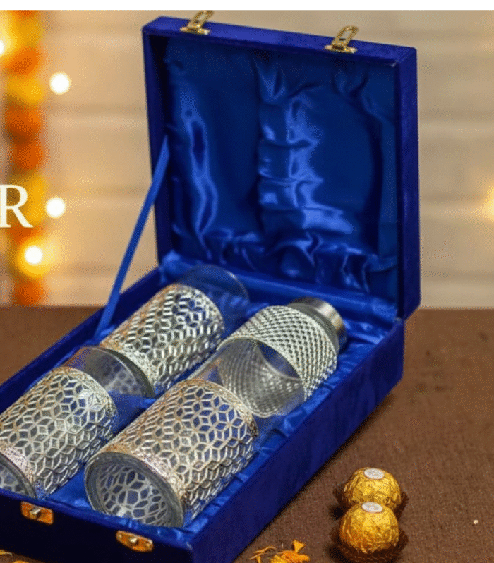 Luxury Etched Glass Tumbler Set (Set of 4) in Velvet Gift Box