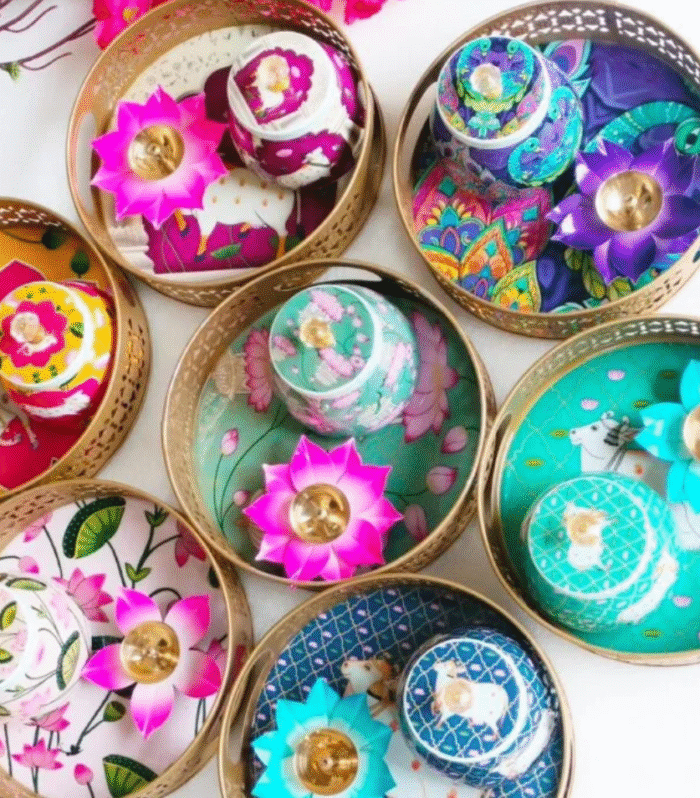 Metal tray with steel jar and lotus diya