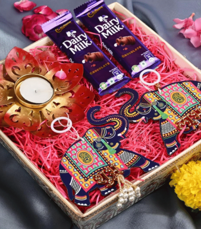 Diwali gifts for family and friends/diwali gift for employees/diwali gift hamper-2 Cadbury Dairy Milk chocolates+Pair of Shubh Labh+Metal diya with tealight+greeting card