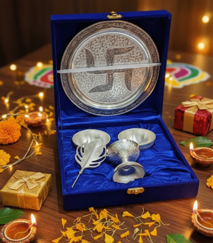 Exquisite Silver Puja Thali Set in Royal Blue Velvet Box