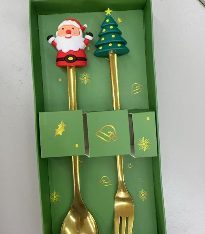 Christmas Spoons and Forks Set, Stainless Steel Non-Toxic Silicone Handles, Disposable Stainless Steel Cutlery Set  (Pack of 2)