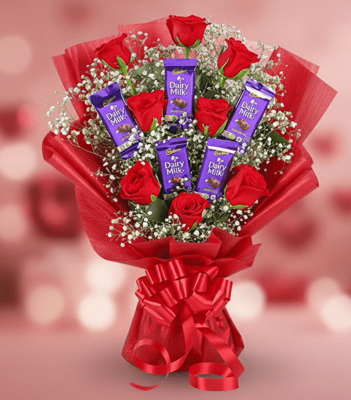 Red Roses Bouquet & Dairy Milk Chocolates