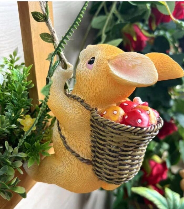 Cute Resin Climbing Bunny Decor with Rope and Basket of Mushrooms for Planter or Garden Hanging, Adorable Rabbit Figurine for Indoor Outdoor Home Decoration