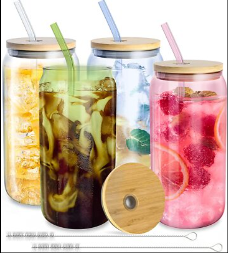 Can shape glass cup with straw & lid (500ml)